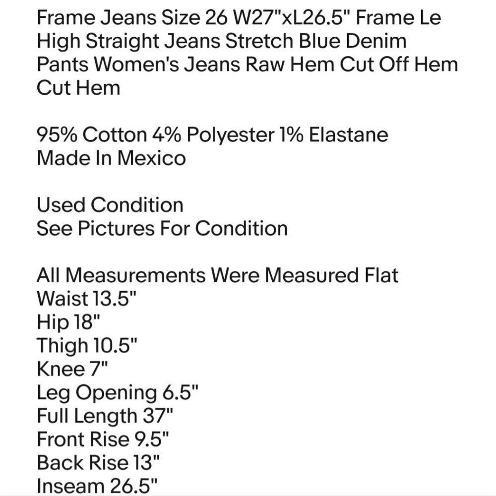 Frame Jeans Size 26 W27"xL26.5" Frame Le High Straight Jeans Stretch Blue Denim - Picture 2 of 8